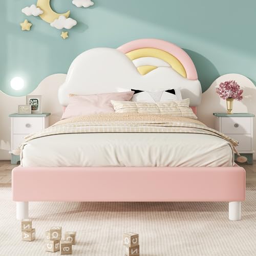 MQLAE Polsterbett 90x200cm mit kuscheligem Regenbogenwolken-Kopfteil und Lattenrost, Verstellbares Kopfteil, Einzelbett, Kinderbett, Jugendbett, Jungen-Mädchen Bett, Holzlattenrost, PU, Rosa MQLAE Polsterbett 90x200cm mit kuscheligem Regenbogenwolken-Kopfteil und Lattenrost, Verstellbares Kopfteil, Einzelbett, Kinderbett, Jugendbett, Jungen-Mädchen Bett, Holzlattenrost, PU, Rosa von MQLAE