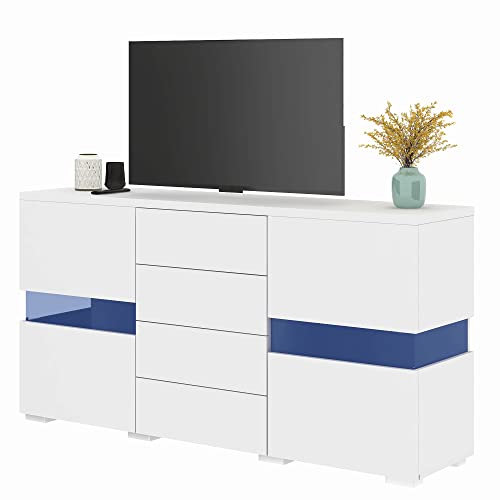 MQLAE TV Schrank Hochglanz, Sideboard Weiss Lowboard Fernsehschrank mit 2 Türen 4 Schubladen und LED Beleuchtung (16 Farben), für Wohnzimmer Esszimmer 140 x 35 x 72 cm von MQLAE