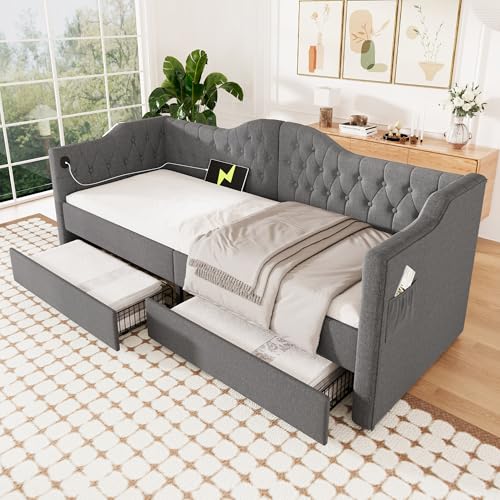 MQLAE Tagesbett Schlafsofa 90x200cm, Polsterbett mit USB Type C Ladefunktion und 2 Schubladen, Stauraumbett Bettgestell, Daybett Gästebett für Wohnzimmer Schlafzimmer, Linen, Grau MQLAE Tagesbett Schlafsofa 90x200cm, Polsterbett mit USB Type C Ladefunktion und 2 Schubladen, Stauraumbett Bettgestell, Daybett Gästebett für Wohnzimmer Schlafzimmer, Linen, Grau von MQLAE