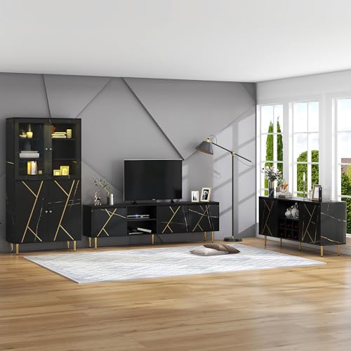 MQLAE Vitrine Glas, TV-Schrank und Beistelltisch - 3er-Set Wohnzimmermöbel, schwarz-goldenes Farbschema, zeitgenössischer Stil, mit goldenen Aluminiumstreifen verziert von MQLAE