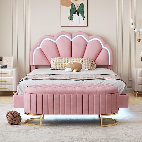 Polsterbett 140x200 mit verstaubarer Sofabank, Schwebebett Bettgestell mit LED-Muschelförmiges Kopfteil und Lattenrost, Gepolsterter LED Bett Jugendbett Doppelbett Gästebett Schlafzimmer Möbel, Rosa von MQLAE