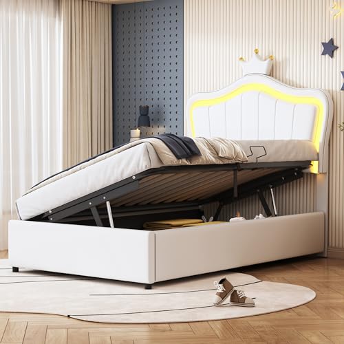 Polsterbett Kinderbett 90x200, Kronen-Prinzessinnenbett mit LED verstellbares Kopfteil&hydraulisches Stauraum&Lattenrost, Einzelbett Rückenlehne Bettgestell Mädchen Bett, PU, Ohne Matratze, Weiß Polsterbett Kinderbett 90x200, Kronen-Prinzessinnenbett mit LED verstellbares Kopfteil&hydraulisches Stauraum&Lattenrost, Einzelbett Rückenlehne Bettgestell Mädchen Bett, PU, Ohne Matratze, Weiß von MQLAE