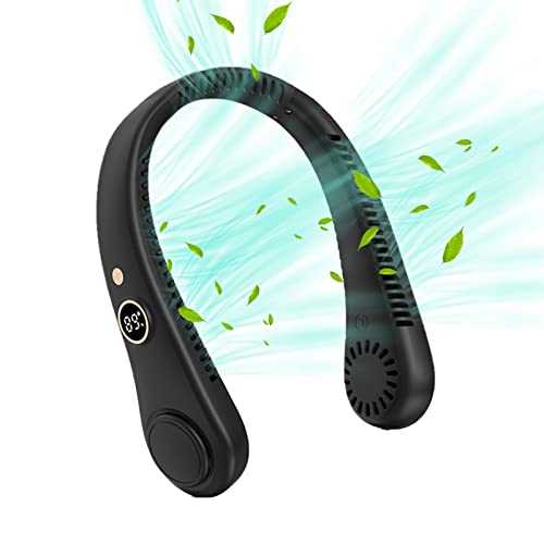 Tragbarer Nackenventilator mit LED-Anzeige, 5 Geschwindigkeiten Hals Ventilator, USB Ventilatoren Leise Mini Persönlicher Ventilator Hands Free Bladeless Neck Fan Nackenkühler Halsventilator, Schwarz von MQLAE