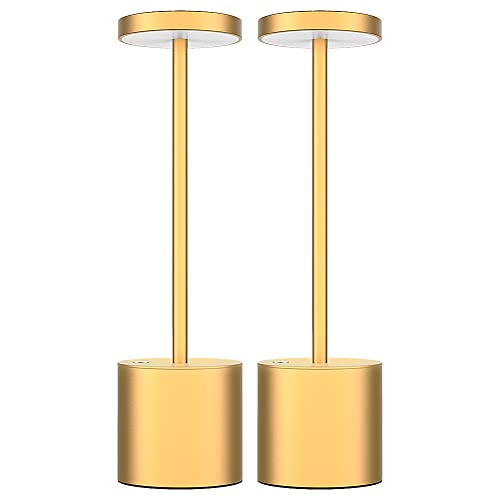 MQLOON Kabellose Tischlampe 2er set, LED Tischlampe Akku, Metall Gold, Geeignet für Restaurants, Zum Gebrauch im Freien und in geschlossenen Räumen von MQLOON
