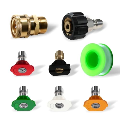 MQODLFP Hochdruckreiniger-Düsenspitzen, 5 Stück, mehrere Grad-Düsen, 1/4 Zoll, M22 14 mm auf 3/8 Zoll Schlauchadapter, einfache Installation, einfach zu bedienen von MQODLFP