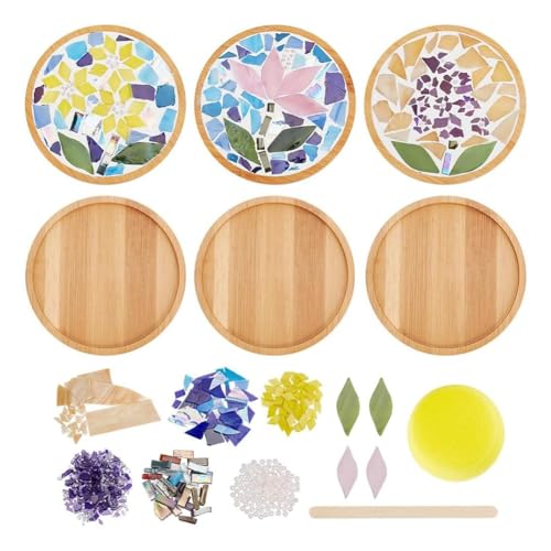 MQODLFP Mosaik-Bastelset zum Selbermachen, 3 Sets, Blumen-Bambus-Untersetzer-Set mit rundem Untersetzerboden, handgefertigte Untersetzer, Heimtextilien von MQODLFP