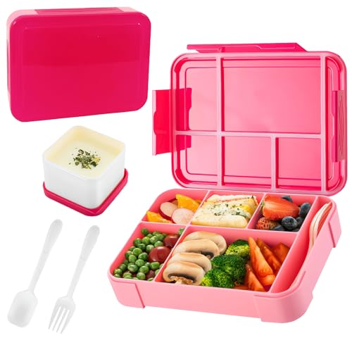 MQVXT Lunchbox für Kinder,1330MLBrotdose Kinder mit Fächern,BPA Frei Vesperdose mit 5 Fächern und 1 Saucenbox,Mikrowelle&Spülmaschinenfest Bento Box für Erwachsene oder Kinder (Rosa) von MQVXT