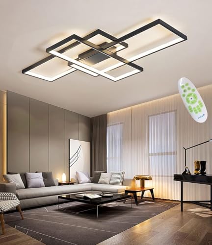 MQW Moderne LED Deckenleuchte Dimmbar LED Deckenlampe Wohnzimmer, 2700k-7000k Wohnzimmerlampe mit Fernbedienung, Geometrisch Multifunktional Deckenbeleuchtung schwarz für Wohnzimmer, schwarz,L80cm von MQW