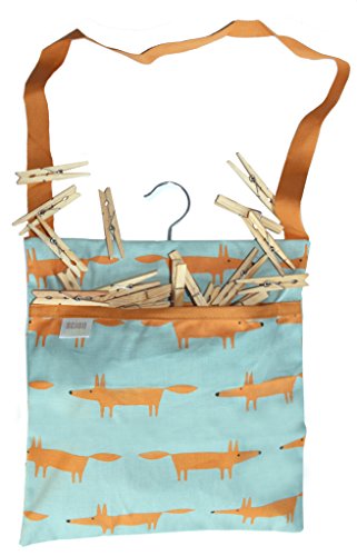 MR FOX Wäscheklammerbeutel mit Haken zum Aufhängen von Wäscheleine aus Baumwolle mit Fuchsdruck, inklusive 40 Wäscheklammern aus Holz von MR FOX