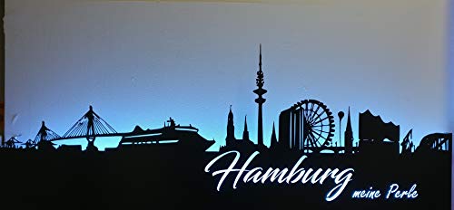 MR-Metalldesign Hamburg Skyline beleuchtet Edelstahl Wandtatoo 120cm von MR-Metalldesign