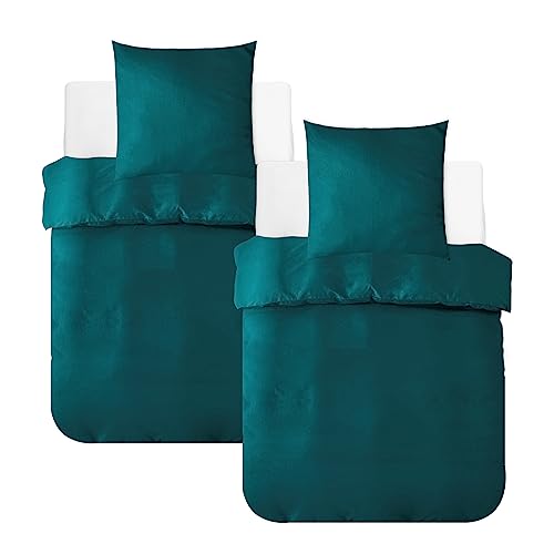 MR&HM Bettwäsche 135x200 4-teilig Baumwolle - Bettbezug-Set aus 100% Baumwolle in der Größe 135x200x2 Plus Zwei Kissenbezüge in 80x80 mit Reißverschluss, komfortable Bettwäsche, Blau Grün von MR&HM