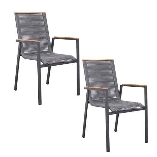 MR. DEKO® Diningsessel Alicante 2er-Set Aluminium Rope | Stapelsessel mit Armlehne 60T x 57B x 90H cm | Alurahmen dunkelgrau und Rope-Bespannung grau | Platzsparender Stuhl stapelbar | Outdoormöbel von MR. DEKO
