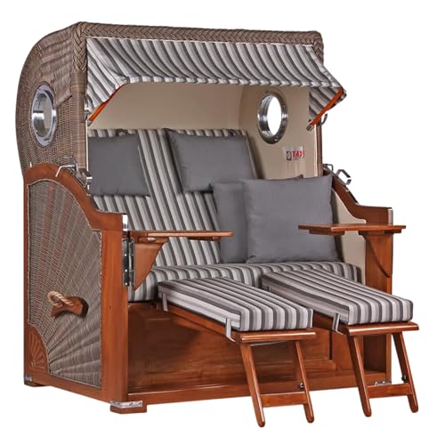 MR. DEKO® Strandkorb Baltikum 2,5-Sitzer Mahagoni | PE Geflecht Grey | Volllieger mit Bullaugen | je 2 Fußablagen, Kissen und Nackenkissen | Strandstuhl aus Mahagoniholz (Dessin 545) von MR. DEKO