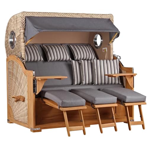 MR. DEKO® Strandkorb Baltikum 3-Sitzer Teak | PE Geflecht Shell | Volllieger Strandkörbe fertig montiert aus Teakholz | 2 Bullaugen & 3 Fußablagen | Polster & 6 Kissen | Dessin 544 von MR. DEKO