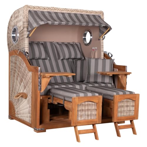 MR. DEKO® Strandkorb Düne Grande XL 2,5-Sitzer Teak | PE Geflecht Shell - Dessin 537 | Volllieger Strandstuhl mit Bullauge inkl. 2 Fußablagen | je 2 Kissen und Nackenkissen | Strandkörbe aus Teakholz von MR. DEKO