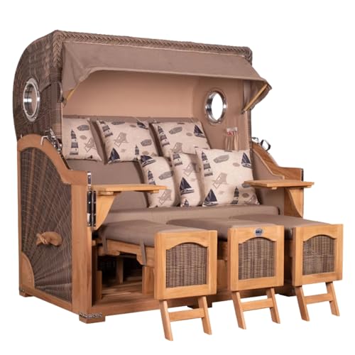 MR. DEKO® Strandkorb Düne Grande XXL 3-Sitzer Teak | PE Geflecht Grey | Volllieger Strandkörbe Teakholz fertig montiert | 2 Bullaugen & 3 Fußablagen | Liftersystem & Polster & 6 Kissen | Dessin 540 von MR. DEKO