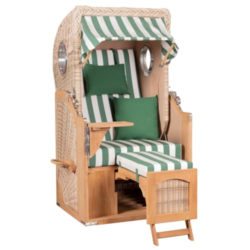 MR. DEKO® Strandkorb Düne Single Teak 1-Sitzer Bullauge | PE Geflecht Shell | Volllieger verstellbar mit Fußablage | inkl. 2 Kissen Wechselpolster | Strandkörbe fertig montiert | Bezug Dessin 561 von MR. DEKO