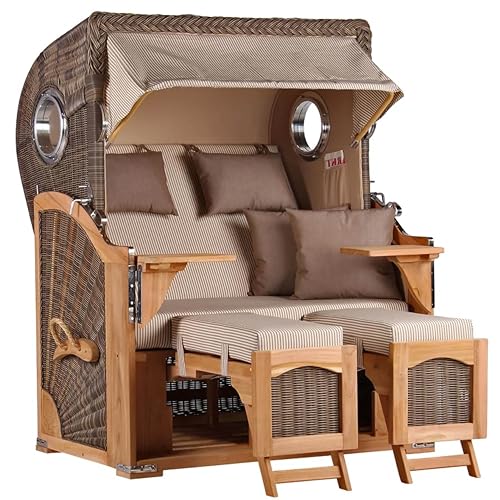 MR. DEKO® Strandkorb Düne Teak 2-Sitzer Bullauge | PE Geflecht Grey | Volllieger Strandstuhl verstellbar | inkl. 4 Kissen Wechselpolster | Strandkörbe fertig montiert aus Teakholz | (Dessin 510) von MR. DEKO