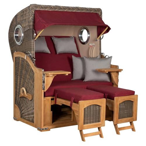 MR. DEKO® Strandkorb Düne Teak 2-Sitzer Bullauge | PE Geflecht Grey | Volllieger Strandstuhl verstellbar | inkl. 4 Kissen Wechselpolster | Strandkörbe fertig montiert aus Teakholz | (Dessin 594) von MR. DEKO