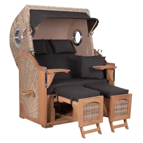 MR. DEKO® Strandkorb Düne Teak 2-Sitzer Bullauge | PE Geflecht Shell | Volllieger Strandstuhl verstellbar | inkl. 4 Kissen Wechselpolster | Strandkörbe fertig montiert aus Teakholz | (Dessin 548) von MR. DEKO