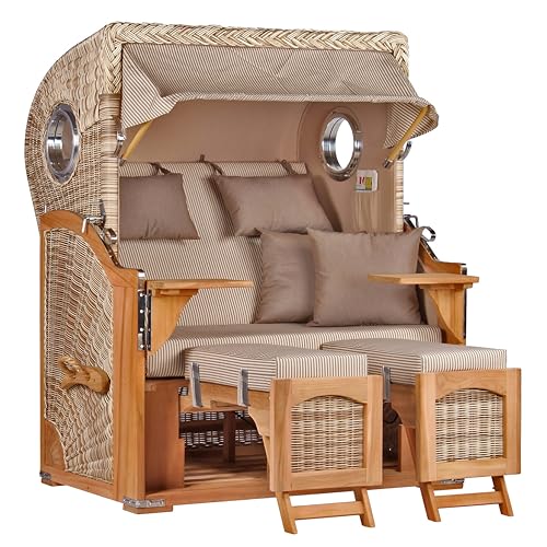 MR. DEKO® Strandkorb Düne Teak 2-Sitzer Bullauge | PE Geflecht Shell | Volllieger Strandstuhl verstellbar | inkl. 4 Kissen Wechselpolster | Strandkörbe fertig montiert aus Teakholz | Dessin 510 von MR. DEKO