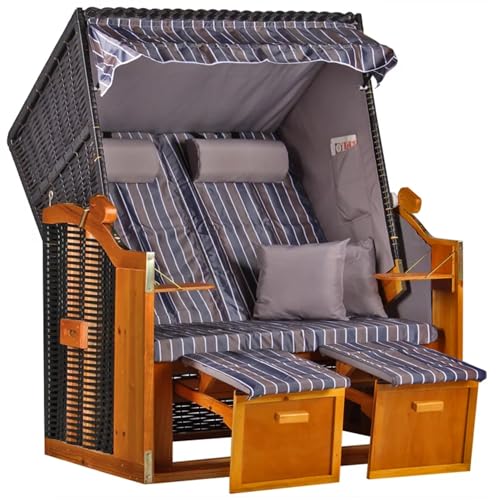 MR. DEKO® Strandkorb Ostsee Volllieger 2-Sitzer | PE Geflecht Schwarz Bezug Uni grau | inkl. 4 Kissen & Klapptisch | Strandstuhl verstellbar | Strandkörbe Hartholz Fußablage (Dessin Anthrazit Braun) von MR. DEKO
