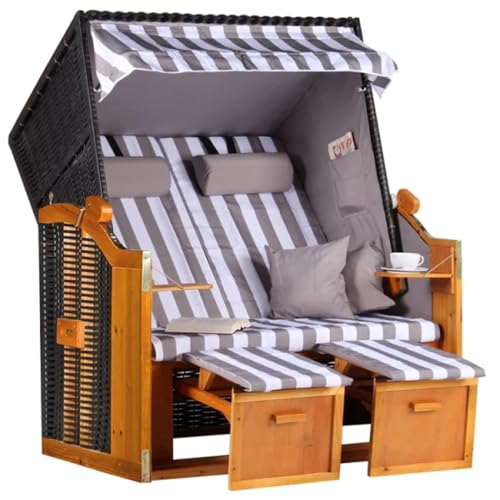 MR. DEKO® Strandkorb Ostsee Volllieger 2-Sitzer | PE Geflecht Schwarz Bezug Uni grau | inkl. 4 Kissen & Klapptisch | Strandstuhl verstellbar | Strandkörbe Hartholz Fußablage (Dessin Grau Weiß) von MR. DEKO