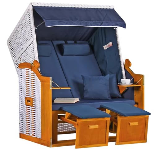 MR. DEKO® Strandkorb Ostsee Volllieger 2-Sitzer | PE Geflecht Weiß Bezug Uni blau | inkl. 4 Kissen & Klapptisch | Strandstuhl verstellbar | Strandkörbe aus Hartholz mit Fußablage (Dessin Uni Blau) von MR. DEKO