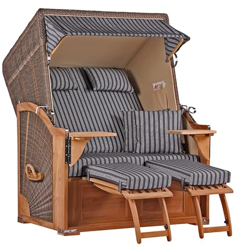 MR. DEKO® Strandkorb Seeblick 2-Sitzer Teakholz | PE Geflecht Grey | Volllieger verstellbar mit Fußablage | inkl. 4 Kissen + Wechselpolster | Strandkörbe Teak fertig montiert Strandstuhl (Dessin 500) von MR. DEKO