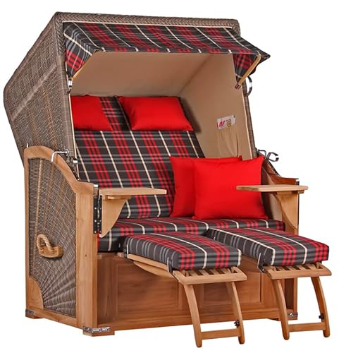 MR. DEKO® Strandkorb Seeblick 2-Sitzer Teakholz | PE Geflecht Grey | Volllieger verstellbar mit Fußablage | inkl. 4 Kissen + Wechselpolster | Strandkörbe Teak fertig montiert Strandstuhl (Dessin 529) von MR. DEKO