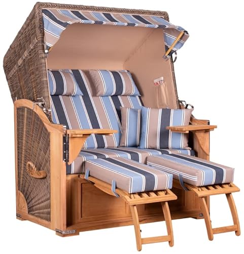 MR. DEKO® Strandkorb Seeblick 2-Sitzer Teakholz | PE Geflecht Grey | Volllieger verstellbar mit Fußablage | inkl. 4 Kissen + Wechselpolster | Strandkörbe Teak fertig montiert Strandstuhl (Dessin 580) von MR. DEKO