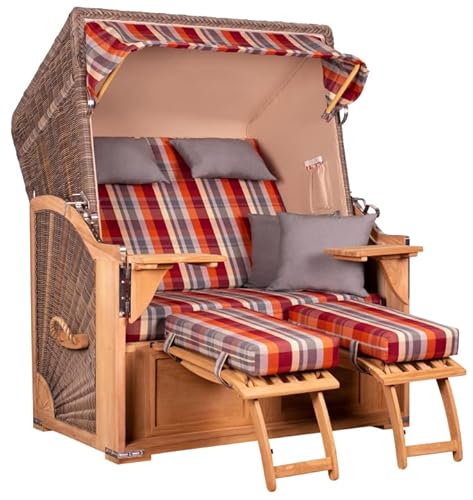 MR. DEKO® Strandkorb Seeblick 2-Sitzer Teakholz | PE Geflecht Grey | Volllieger verstellbar mit Fußablage | inkl. 4 Kissen + Wechselpolster | Strandkörbe Teak fertig montiert Strandstuhl (Dessin 584) von MR. DEKO