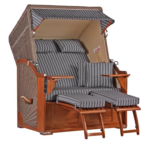 MR. DEKO® Strandkorb Seeblick Mahagoni 2-Sitzer | PE Geflecht Grey | Volllieger verstellbar mit Fußablage | inkl. 4 Kissen + Wechselpolster | Strandkörbe fertig montiert aus Mahagoniholz (Dessin 500) von MR. DEKO