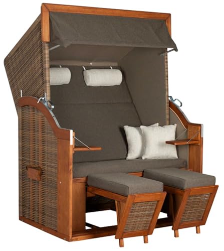 MR. DEKO® Strandkorb Tinnum Pinie PE griseum Dessin 574 Volllieger | Strandstuhl Liegestuhl Pinienholz | inkl. 4 Kissen | Strandkörbe für Garten, Wintergarten und Terrasse von MR. DEKO