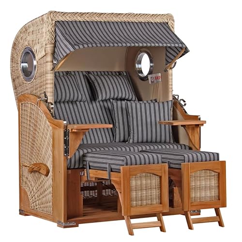 Strandkorb Teakholz Volllieger Strandstuhl Liegestuhl PE Geflecht Shell Düne TEAK Bullauge inkl. 4 Kissen+Wechselpolster - Strandkörbe aus Teak für Garten, Wintergarten und Terrassen (Dessin 500) von MR. DEKO