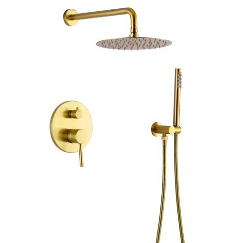 MR. TAP Luxus Duschsysteme Messing Dusche mit Rund 30cm über Duschkopf Regendusche Ventil für Wandmischer, Gebürstetes Messingsgold von MR. TAP