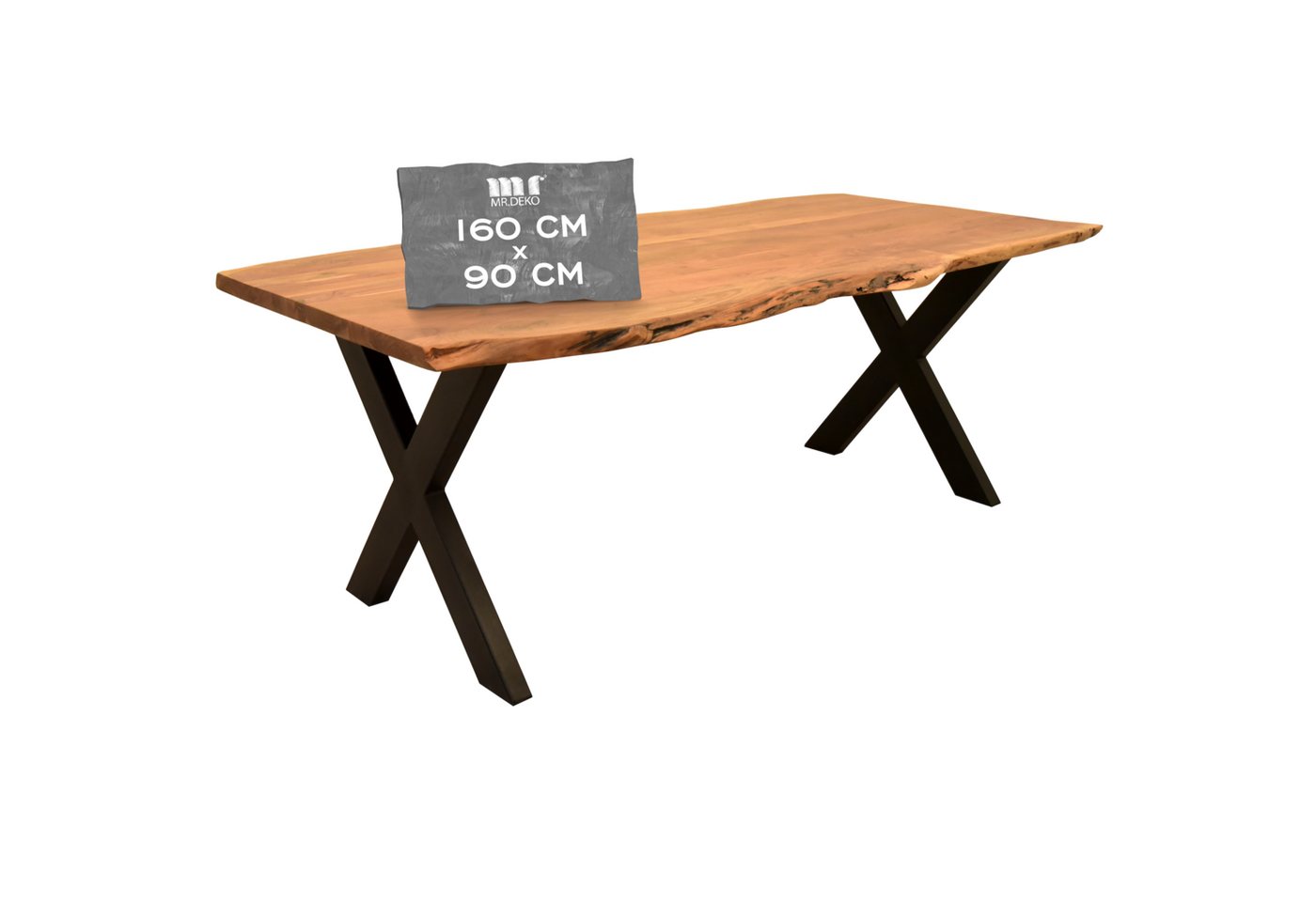 MR.DEKO Baumkantentisch Catania Esstisch aus Akazienholz Massiv geölt – Unikat Design (Holztisch verschiedene Gestelle - Esszimmer oder Küche), Natürliche Baumkante & geölte Oberfläche – moderner Massivholztisch von MR.DEKO