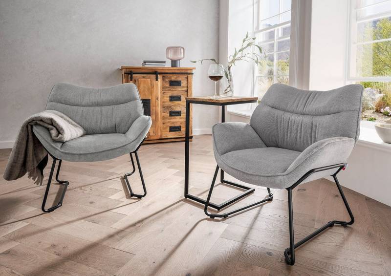 MR.DEKO Essgruppe Sessel 2er Set Aliano hellgrau mit Beistelltisch Materos Mangoholz von MR.DEKO