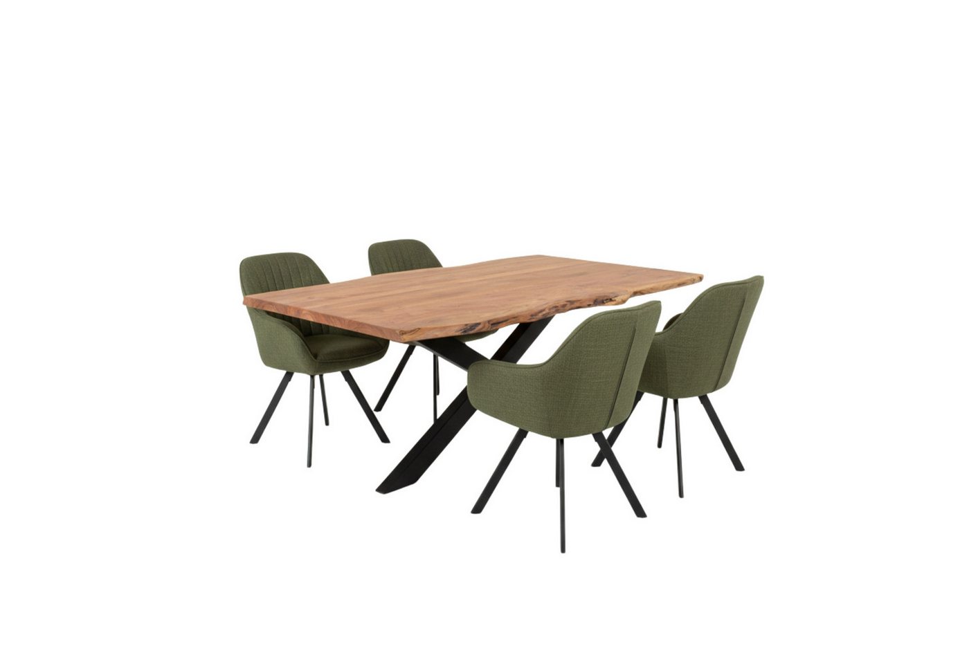 MR.DEKO Esszimmer-Set Essgruppe Diningsessel Matera oliv & Tisch Catania Cross 160x90cm, (5-St., 5-teiliges Esszimmer-Set mit Polstersesseln & Holztisch), Sessel gepolstert in Grün & Tisch mit echter Baumkante Akazie MR.DEKO Esszimmer-Set Essgruppe Diningsessel Matera oliv & Tisch Catania Cross 160x90cm, (5-St., 5-teiliges Esszimmer-Set mit Polstersesseln & Holztisch), Sessel gepolstert in Grün & Tisch mit echter Baumkante Akazie von MR.DEKO