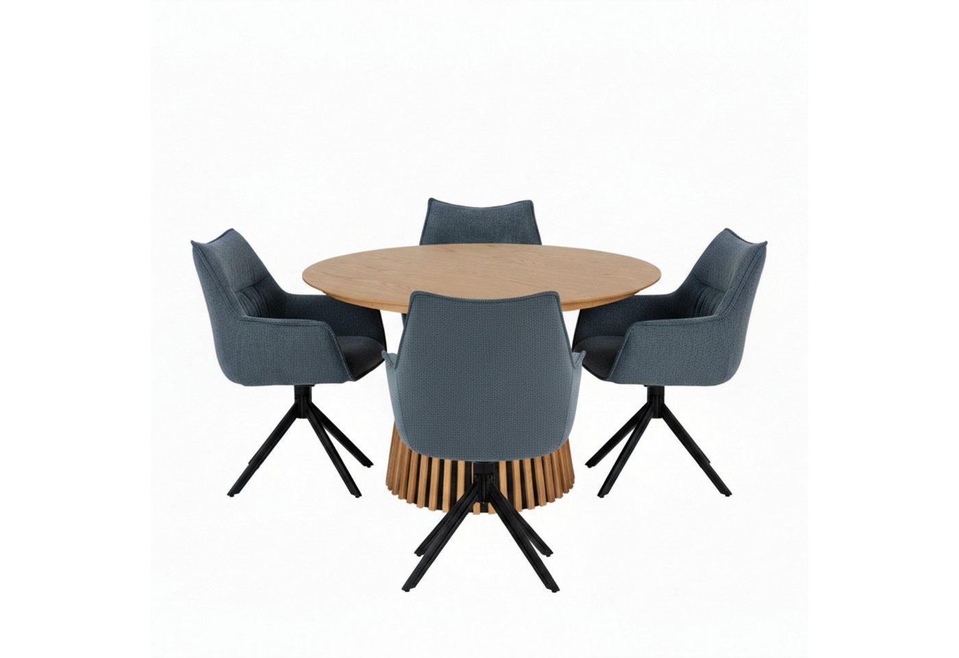 MR.DEKO Esszimmer-Set Oria & Ginosa – Eiche Natur, Stühle Blau, 5-tlg., rund, (Essgruppe 5-teilig – Tisch & 4 drehbare Esszimmerstühle, 5-St), Runder Holztisch Ø120 cm mit Eichenfurnier & 4 drehbare Polsterstühle von MR.DEKO