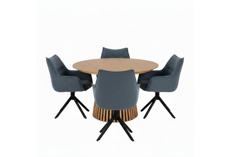 MR.DEKO Esszimmer-Set Oria & Ginosa – Eiche Natur, Stühle Blau, 5-tlg., rund, (Essgruppe 5-teilig – Tisch & 4 drehbare Esszimmerstühle, 5-St), Runder Holztisch Ø120 cm mit Eichenfurnier & 4 drehbare Polsterstühle von MR.DEKO