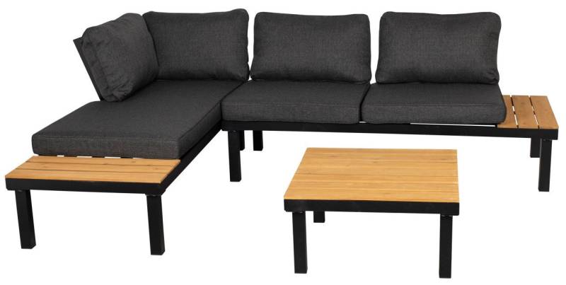 MR.DEKO Gartenlounge-Set Noja 2-tlg. Aluminium + Eukalyptus Bank mit Kissen Anthrazit + Tisch, (2-teiliges Set: bequeme Lounge-Eckbank & Tisch aus Holz & Alu, 3-tlg), Lounge Wetterfest & pflegeleicht mit Eukalyptusholz MR.DEKO Gartenlounge-Set Noja 2-tlg. Aluminium + Eukalyptus Bank mit Kissen Anthrazit + Tisch, (2-teiliges Set: bequeme Lounge-Eckbank & Tisch aus Holz & Alu, 3-tlg), Lounge Wetterfest & pflegeleicht mit Eukalyptusholz von MR.DEKO