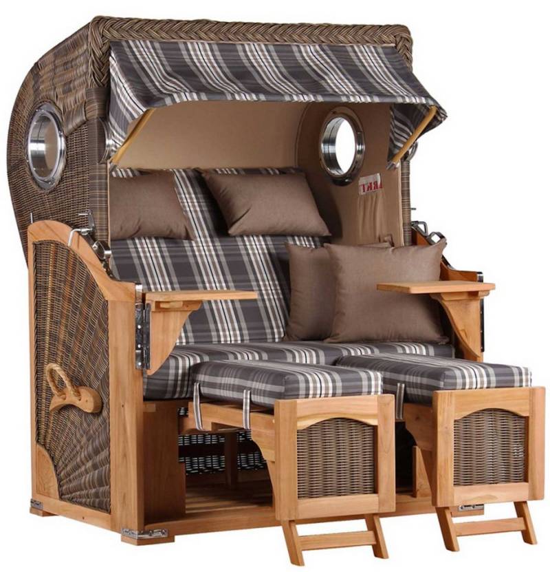 MR.DEKO Strandkorb Düne Bullauge Teak PE Grey Dessin 522 von MR.DEKO