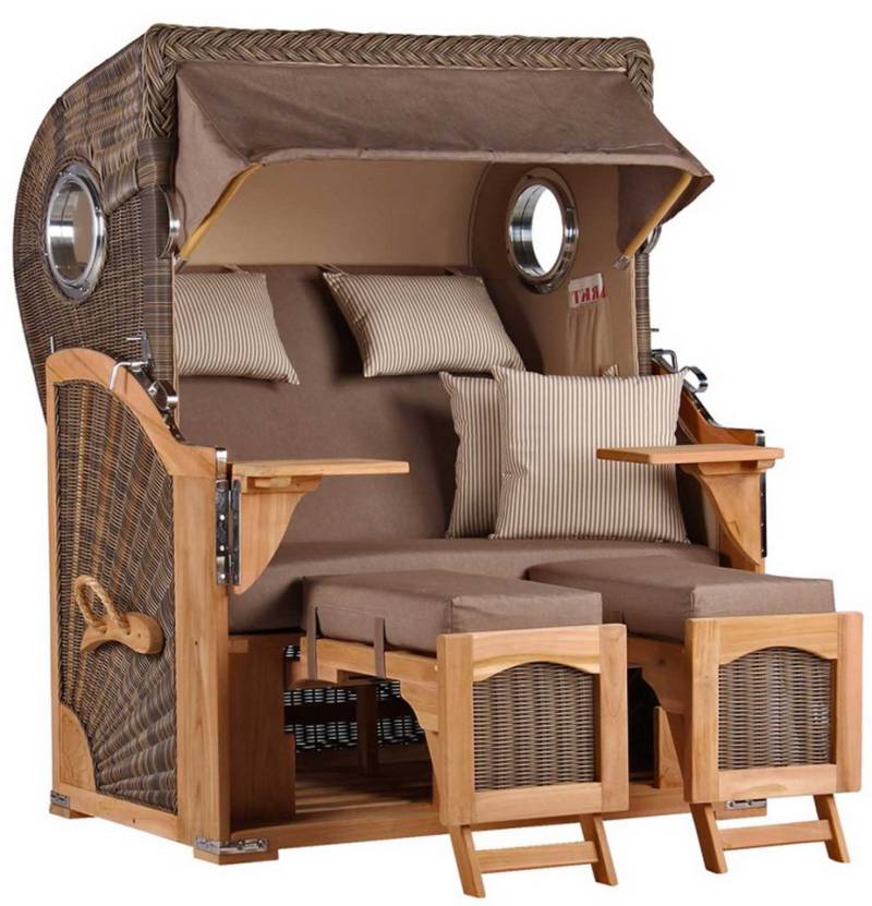 MR.DEKO Strandkorb Düne Bullauge Teak PE Grey Dessin 534 von MR.DEKO