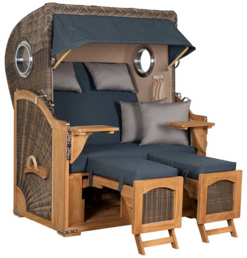 MR.DEKO Strandkorb Düne Bullauge Teak PE Grey Dessin 593 von MR.DEKO
