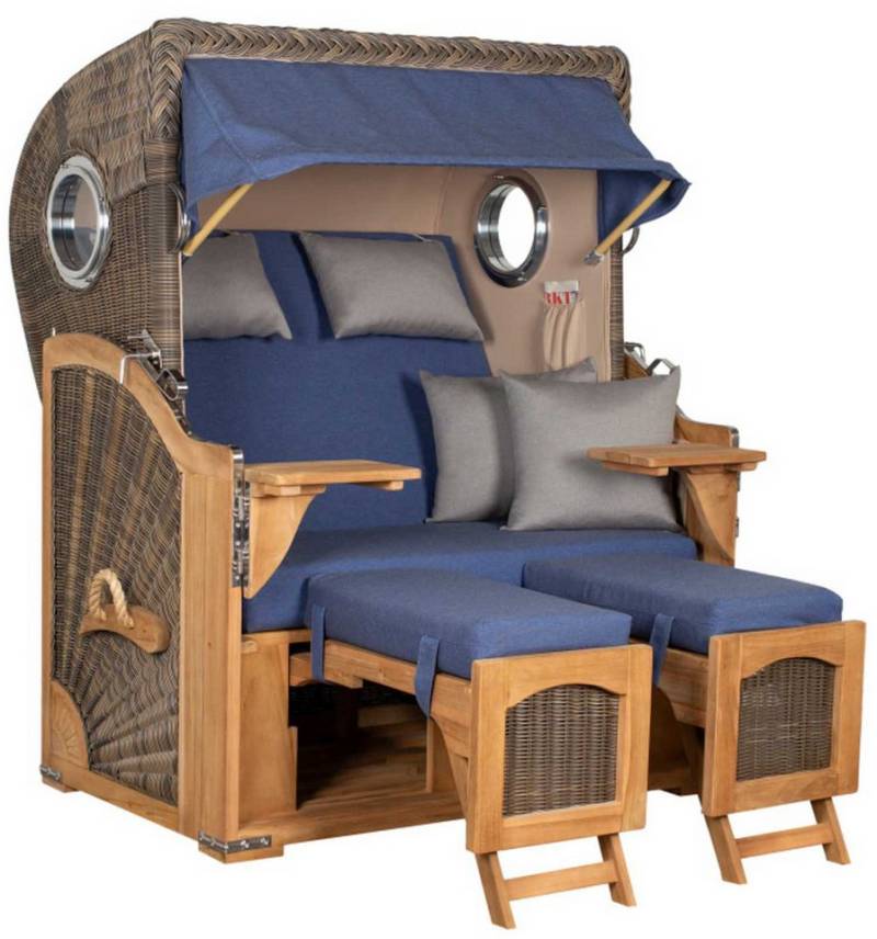 MR.DEKO Strandkorb Düne Bullauge Teak PE Grey Dessin 595 von MR.DEKO