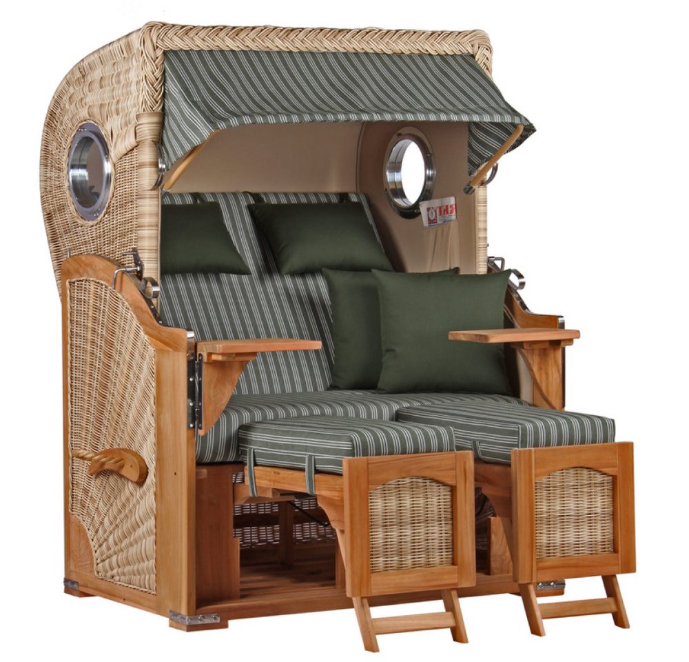 MR.DEKO Strandkorb Düne Bullauge Teak PE Shell Dessin 504, BxTxH: 125x80x170 cm, Ostsee-Strandkorb, Bullaugen, 2-Sitzer, komplett montiert, Volllieger, 2 Schwenktische MR.DEKO Strandkorb Düne Bullauge Teak PE Shell Dessin 504, BxTxH: 125x80x170 cm, Ostsee-Strandkorb, Bullaugen, 2-Sitzer, komplett montiert, Volllieger, 2 Schwenktische von MR.DEKO