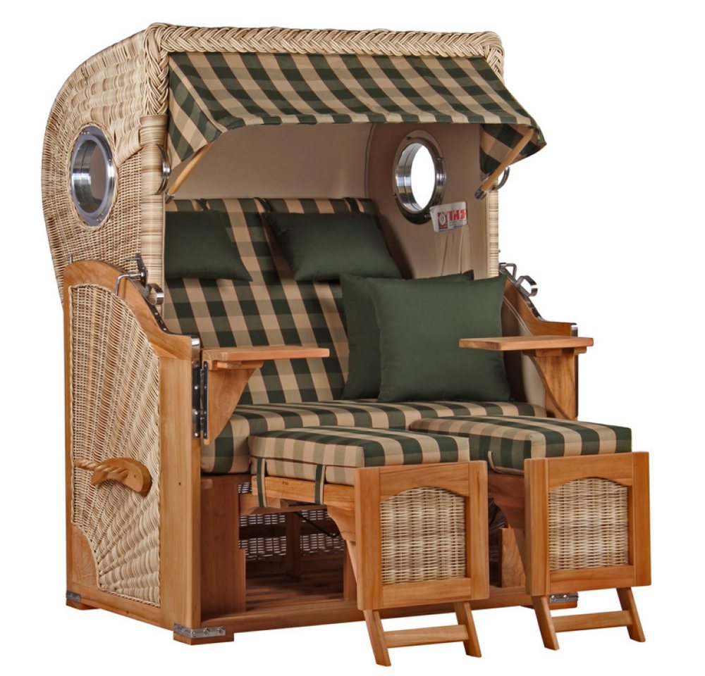MR.DEKO Strandkorb Düne Bullauge Teak PE Shell Dessin 506, BxTxH: 125x80x170 cm, Ostsee-Strandkorb, Bullaugen, 2-Sitzer, komplett montiert, Volllieger, 2 Schwenktische MR.DEKO Strandkorb Düne Bullauge Teak PE Shell Dessin 506, BxTxH: 125x80x170 cm, Ostsee-Strandkorb, Bullaugen, 2-Sitzer, komplett montiert, Volllieger, 2 Schwenktische von MR.DEKO