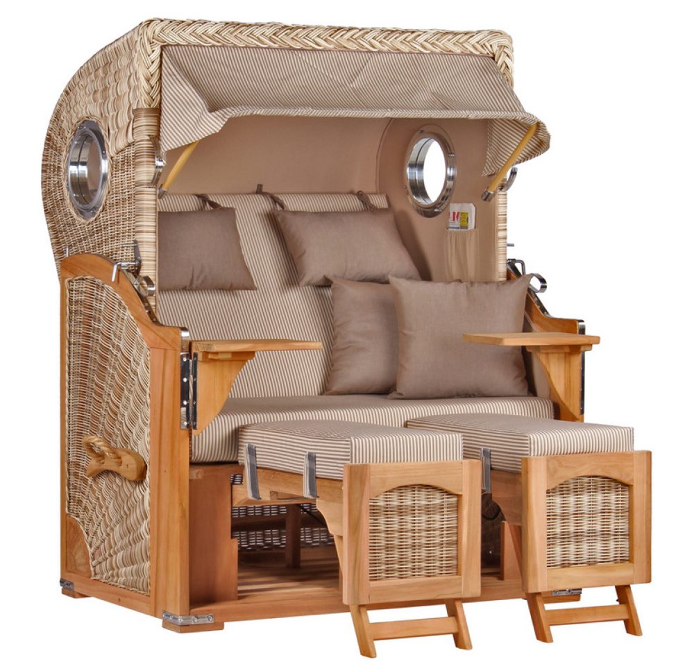 MR.DEKO Strandkorb Düne Bullauge Teak PE Shell Dessin 510, BxTxH: 125x80x170 cm, Ostsee-Strandkorb, Bullaugen, 2-Sitzer, komplett montiert, Volllieger, 2 Schwenktische MR.DEKO Strandkorb Düne Bullauge Teak PE Shell Dessin 510, BxTxH: 125x80x170 cm, Ostsee-Strandkorb, Bullaugen, 2-Sitzer, komplett montiert, Volllieger, 2 Schwenktische von MR.DEKO