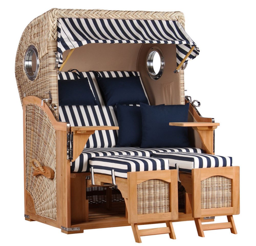 MR.DEKO Strandkorb Düne Bullauge Teak PE Shell Dessin 518, BxTxH: 125x80x170 cm, Ostsee-Strandkorb, Bullaugen, 2-Sitzer, komplett montiert, Volllieger, 2 Schwenktische MR.DEKO Strandkorb Düne Bullauge Teak PE Shell Dessin 518, BxTxH: 125x80x170 cm, Ostsee-Strandkorb, Bullaugen, 2-Sitzer, komplett montiert, Volllieger, 2 Schwenktische von MR.DEKO